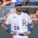 Kansas City Royals center fielder Kameron Misner (26), wearing the team's new "Forever Fountains" City Connect uniform, warms up before a game against the Houston Astros on Friday, June 12, 2026, at Kauffman Stadium in Kansas City.