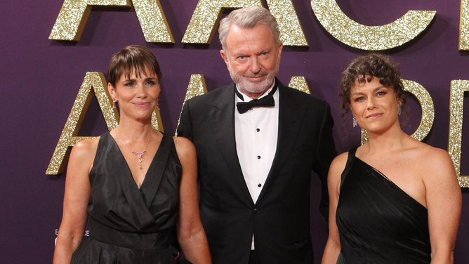 Acclaimed actor Sam Neill with co-stars Tasma Walton and Amy Matthews, has died in Sydney aged 78. Picture: NewsWire / Richard Gosling