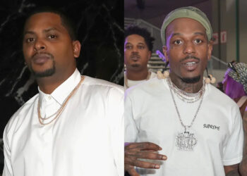 Chubbs in a white shirt with gold chains, Sauce Walka in a white Supreme shirt with tattoos and jewelry.
