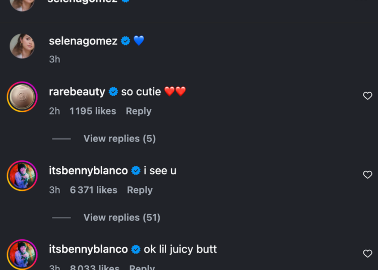 Benny Blanco's comments on Selena Gomez's post.
