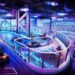 Indoor go-kart track with neon lights and multiple racers on a curved track.