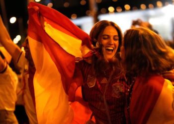 Spanish fans celebrate in central Madrid after Spain defeated Argentina...