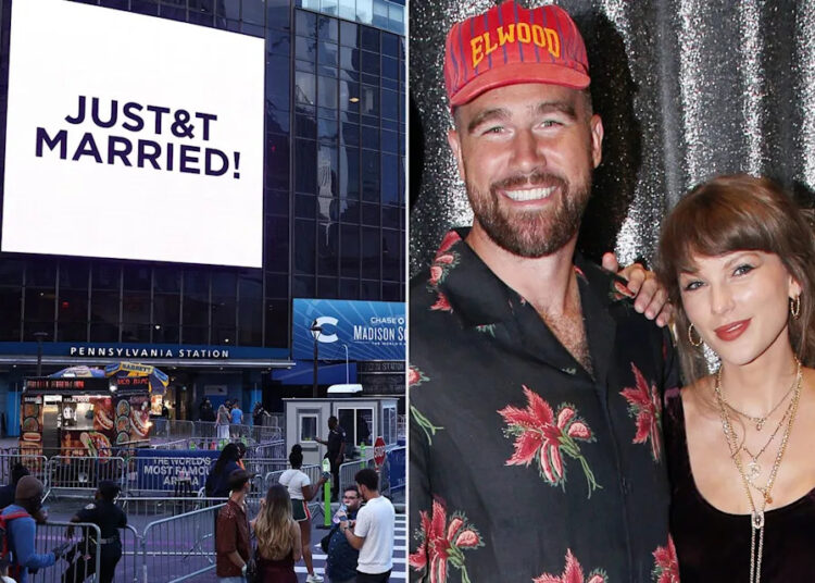 Travis Kelce, Taylor Swift, and their 'JUST&T MARRIED!' billboard at Madison Square GardenCredit: CHARLY TRIBALLEAU / AFP; Bruce Glikas/WireImage