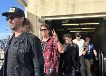 Third Eye Blind (Alex LeCavalier, Stephen Jenkins, Kryz Reid and Brad Hargreaves left to right) came out from Sporting Park’s stadium tunnels to a crowd of awaiting fans lined up against a barricade just before their concert on Saturday, July 18, 2026.