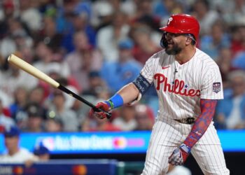 Jul 14, 2026; Philadelphia, Pennsylvania, USA; Philadelphia Phillies designated hitter Kyle Schwarber (12) reacts while batting during the third inning for the All-Star Game at Citizens Bank Park.