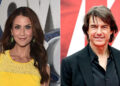 photo of Samantha Harris wearing yellow and smiling split with Tom Cruise wearing black and smiling