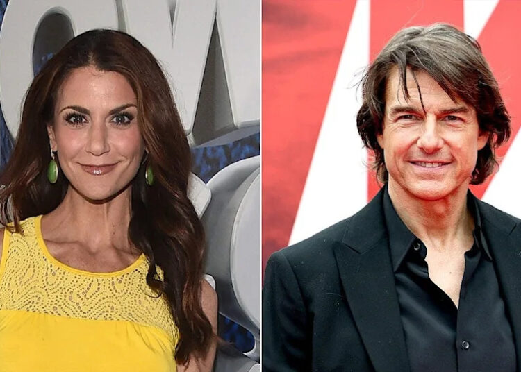 photo of Samantha Harris wearing yellow and smiling split with Tom Cruise wearing black and smiling