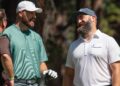 Travis Kelce and brother Jason Kelce talk on the 4th tee during the first round of the American Century Celebrity Championship golf tournament at Edgewood Tahoe Golf Course in Stateline, Nev., Friday, July 12, 2024. (Photo: Tom R. Smedes/ Reno Gazette Journal)