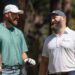 Travis Kelce and brother Jason Kelce talk on the 4th tee during the first round of the American Century Celebrity Championship golf tournament at Edgewood Tahoe Golf Course in Stateline, Nev., Friday, July 12, 2024. (Photo: Tom R. Smedes/ Reno Gazette Journal)