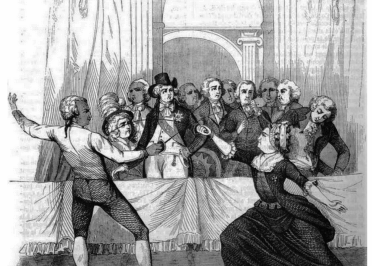 A group of men watch as a man gestures dramatically toward a woman who is kneeling with outstretched arms in front of a table, set against an ornate background with drapes and columns.