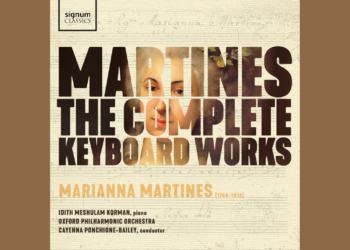 Album cover for Martines: The Complete Keyboard Works featuring text, a partial portrait of a woman, and credits for Marianna Martines, Idith Meshulam Korman, and the Oxford Philharmonic Orchestra.