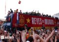 An open-top bus carries the Spain national football team through the streets of Madrid. Crowds cheer in celebration from the street.
