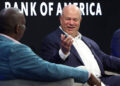 Carolina Panthers owner David Tepper, right, responds to a question from moderator and Fox NFL Sunday host Curt Menefee, left, during a fireside chat about renovations to Bank of America Stadium and his expectations for the team in the upcoming season on Thursday, July 23, 2026.