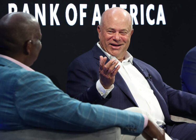 Carolina Panthers owner David Tepper, right, responds to a question from moderator and Fox NFL Sunday host Curt Menefee, left, during a fireside chat about renovations to Bank of America Stadium and his expectations for the team in the upcoming season on Thursday, July 23, 2026.