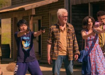 Vincent (Ken Marino, left), Caleb (Ben Wang), John Slattery, Gail (Zoey Deutch) and Otto (Miles Gutierrez-Riley) engage in a shootout with criminals in a scene from "Gail Daughtry and the Celebrity Sex Pass." (Courtesy of Sony Pictures Classics)