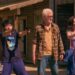 Vincent (Ken Marino, left), Caleb (Ben Wang), John Slattery, Gail (Zoey Deutch) and Otto (Miles Gutierrez-Riley) engage in a shootout with criminals in a scene from "Gail Daughtry and the Celebrity Sex Pass." (Courtesy of Sony Pictures Classics)