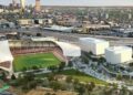 Denver para construir o estádio de futebol feminino, área de entretenimento de 14 acres em pátios reconstruídos de Santa Fe