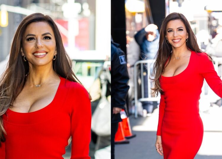 Eva Longoria fica ardente em vestido de corpo de corpo vermelho para a aparência 'GMA'