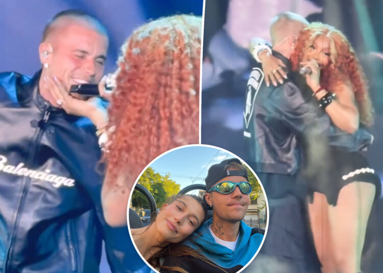 Hailey Bieber apoia o marido Justin durante sua aparição surpresa no concerto da SZA