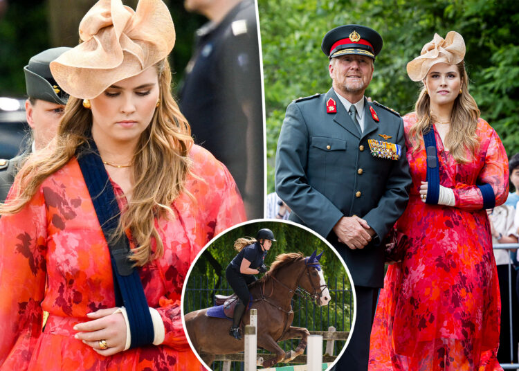 A princesa holandesa Catharina-Amalia, 21 anos, sai dias após a cirurgia de acidente relacionado a cavalos
