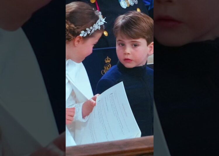 Charlotte and Louis singing the British national anthem during King Charles’ coronation.