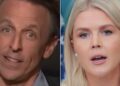 Karoline Leavitt sopra a mente de Seth Meyers na falsidade
