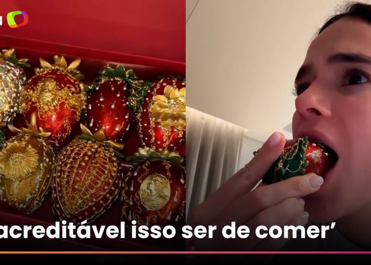 Bruna Marquezine prova morango do amor de R$ 2 mil: ‘Da até dó de comer’