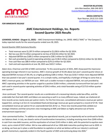 AMC Entertainment Holdings, Inc. relata os resultados do segundo trimestre de 2025