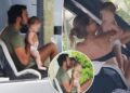 Gisele Bündchen, vestido de biquíni, e Joaquim Valente Cuddle Baby Boy em viagem de barco