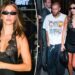 Hailey Bieber atordoa em Little Black Dress enquanto ela acozava Justin na festa de lançamento de 'Swag II'