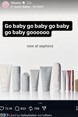 Justin Bieber mostra apoio à esposa Hailey em meio à expansão de Rhode para a Sephora: 'Go Baby'