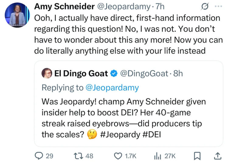 Não, Amy Schneider não era uma vencedora da DEI em 'Jeopardy!'