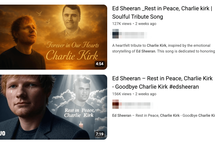 As pessoas usaram IA para fazer dezenas de homenagens falsas de celebridades a Charlie Kirk. Milhões acreditaram neles