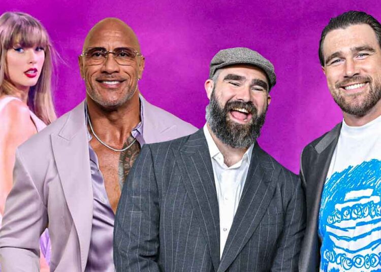 Jason Kelce e Dwayne Johnson dão conselhos sobre bebês a Travis Kelce e Taylor Swift