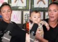 Kylie Kelce dá um raro vislumbre do rosto da filha Finnley, de 6 meses, no meio do podcast