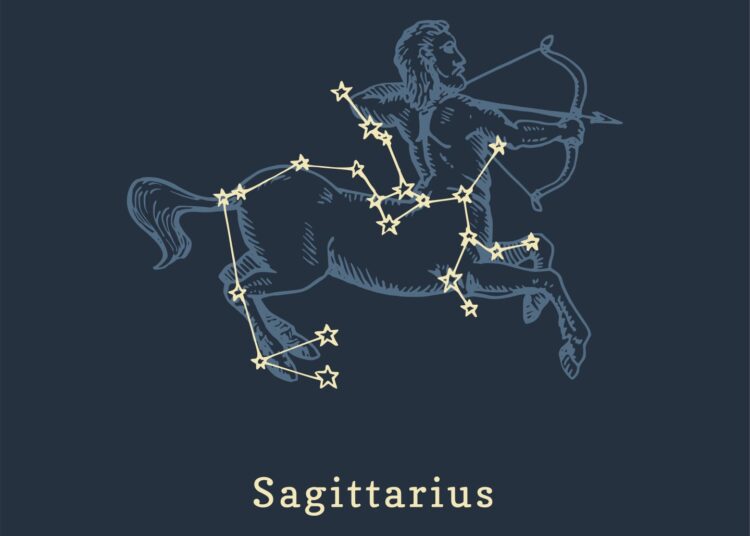 Constelação do Zodíaco de Sagitário em estilo de gravura. Ilustração gráfica retrô vetorial do signo astrológico Centauro.
