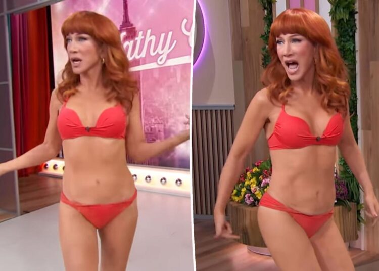 Kathy Griffin completa 65 anos exibindo seu abdômen em um biquíni em brasa
