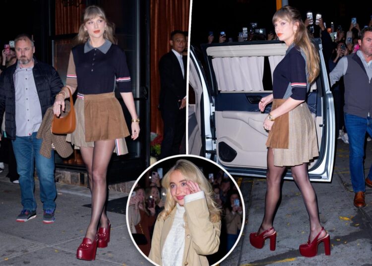 Taylor Swift arrasa nos saltos Gucci para a noite das garotas com Sabrina Carpenter