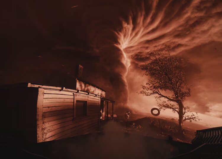 Um enorme tornado gira na tela panorâmica durante a sequência do tornado em Sphere's...