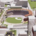 Union Station acende em azul, atrás do estádio Royals, no centro de Kansas City