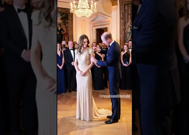 Gala Glamour: William Adjusts Catherine’s Champagne-Gold Dress #royalfamily #britishroyalfamily