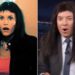 Courteney Cox ri histericamente enquanto Jimmy Fallon apresenta sua própria versão de seus microbangs “Scream 3”