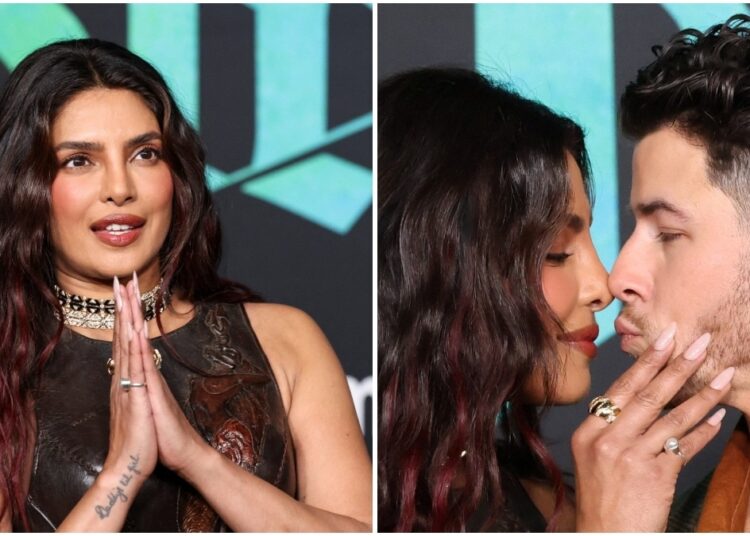 Priyanka Chopra cumprimenta com namastê e dá um beijo com Nick na estreia de The Bluff