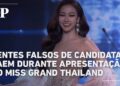 Dentes falsos de candidata ao Miss Grand Thailand caem durante apresentação