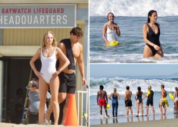 Elenco de 'Baywatch' aquece acampamento na praia de Veneza
