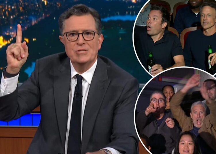 Jimmy Fallon, John Oliver, Jon Stewart, Seth Meyers e outras estrelas assumem o controle do público do 'The Late Show' para apoiar Stephen Colbert após notícias de cancelamento