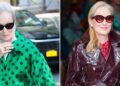 Meryl Streep muda de cetim manchado verde para vermelho patente em Nova York