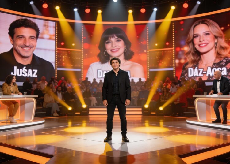 O apresentador Henar Álvarez dá as boas-vindas às celebridades no programa desta semana