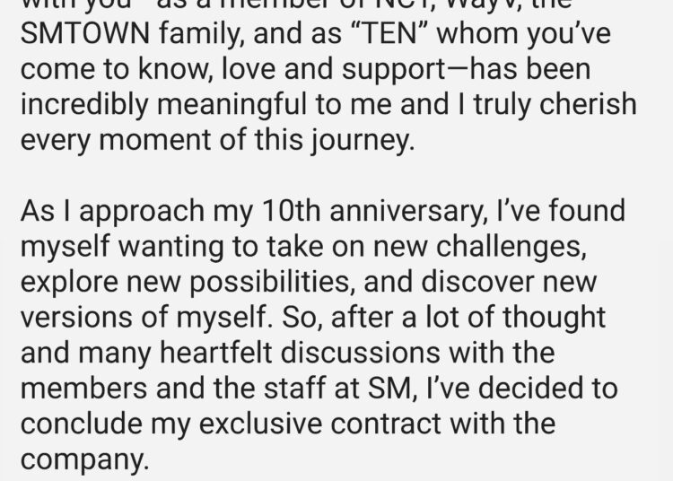 Ten vai deixar a SM Entertainment, mas permanece com NCT e WayV + escreve carta aos fãs