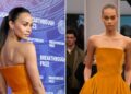 Zoe Saldaña se inclina para a assimetria de veludo laranja em Alaïa